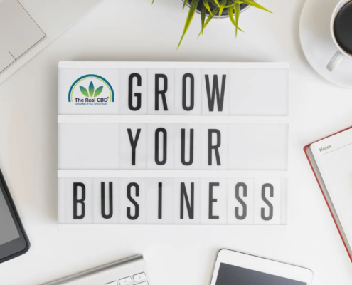 GROW YOUR BUSINESS-skilt på kontorbord med kaffe, mobiltelefon og notesbog