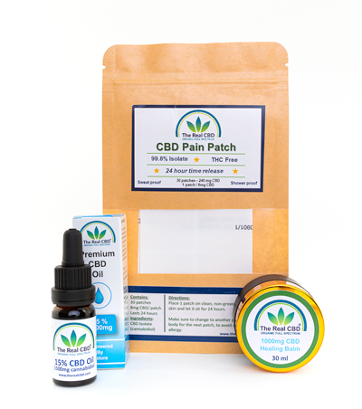 15 % CBD-olie, 1000 mg CBD-balsam og en pakke CBD-smerteplastre - The Real CBD