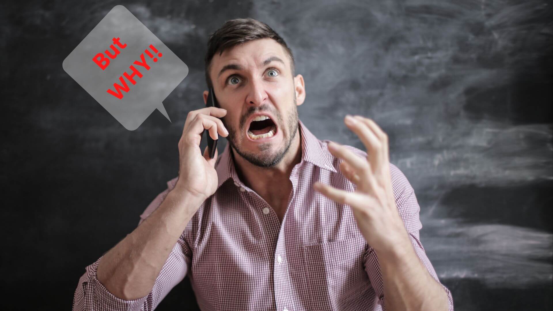Mand råber MEN HVORFOR ind i en telefon