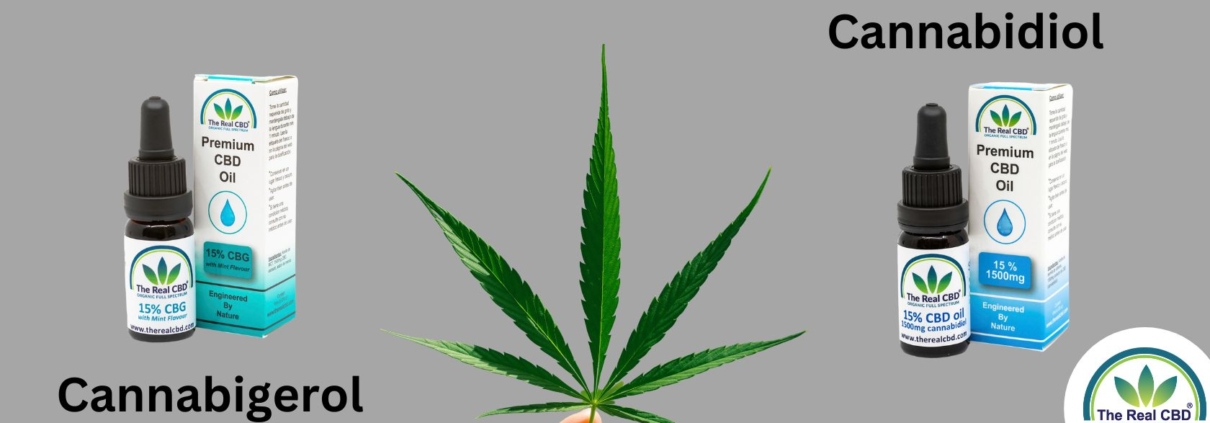 Flasker med CBG- og CBD-tinkturer med et hampeblad imellem