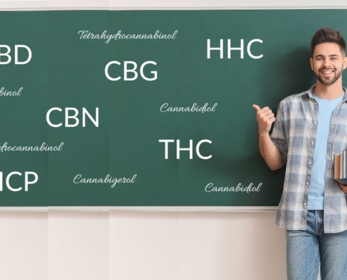 Lærer foran tavle med cannabinoid-forkortelser på