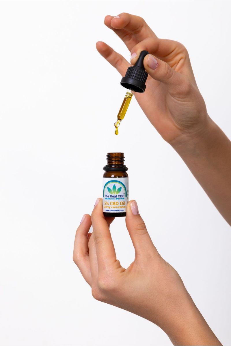 Hånd med åben CBD-flaske og pipette -The Real CBD