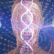 The-Real-CBD-Blog-CBD-og-DNA Illustration med DNA-molekyler og silhuetten af et hoved