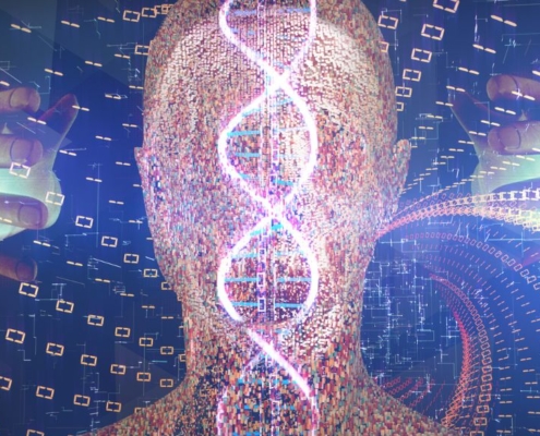Illustration med DNA-molekyler og silhuetten af et hoved