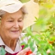 Glad kvinde med sommerhat står mellem en masse blomster