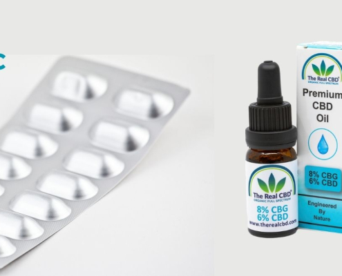 En flaske The Real CBD CBG/CBD olie og en pakke Prozac