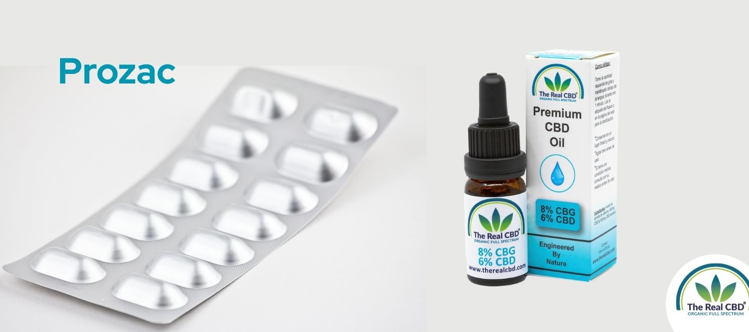En flaske The Real CBD CBG/CBD olie og en pakke Prozac