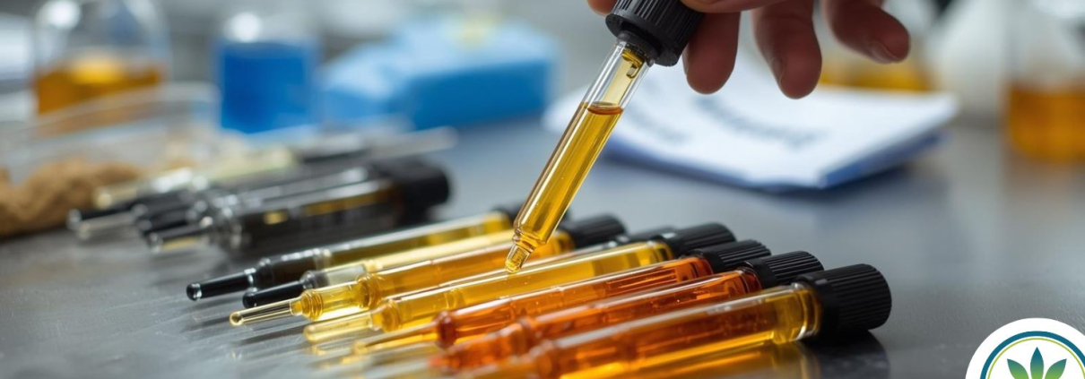 Forskellige pipetter med raa or rafineret CBD olie i i flere forskellige farver