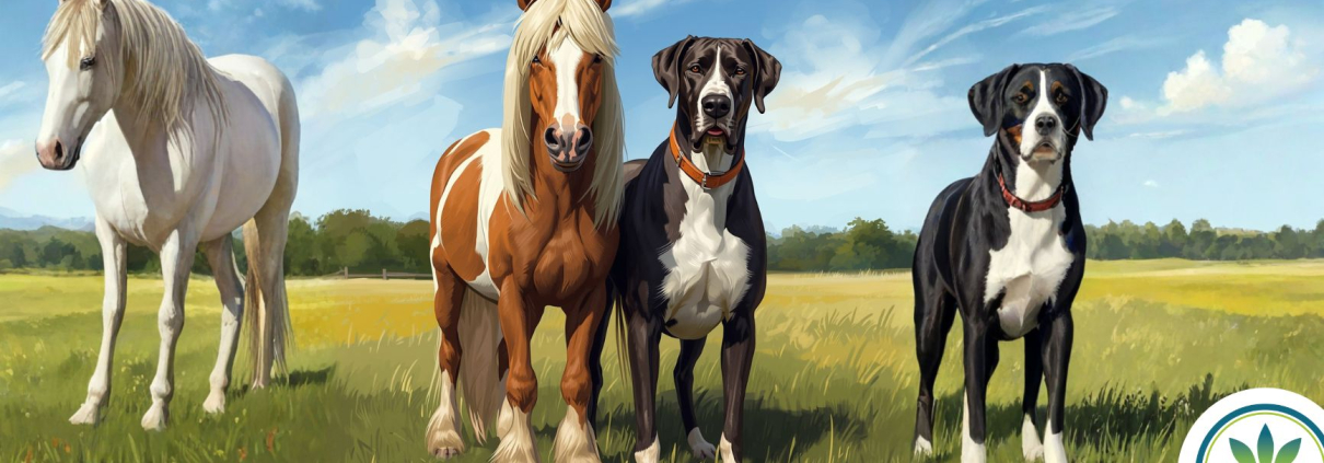 2 heste of 2 Gran Danios hunde staar sammen paa en groen mark