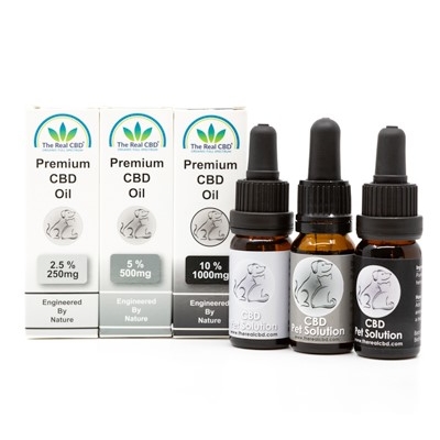 3 aceites de CBD para mascotas con caja - The Real CBD marca