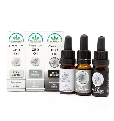 3 aceites de CBD para mascotas con caja - The Real CBD marca