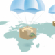 Cajas con paracaídas volando sobre el globo
