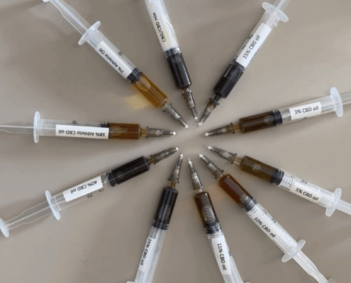10 jeringuillas con diferentes aceites de CBD dispuestas en círculo
