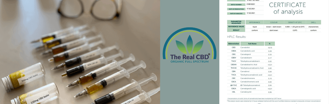 Jeringuillas con aceite de CBD de varios colores sobre una mesa de despacho