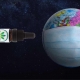 Botella horizontal de CBD volando hacia el globo terráqueo con una máscara puesta