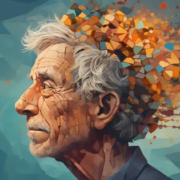 alzheimers-y-demensia-the-real-cbd-blog Ilustración del cerebro de un hombre desintegrándose en colores otoñales