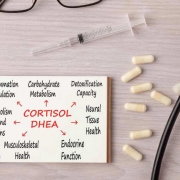 Cuaderno de cortisol sobre una mesa con cápsulas y un estetoscopio