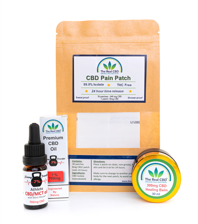 Parche analgésico de CBD, bálsamo de CBD y aceite de atleta al 7 - The Real CBD marca