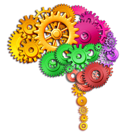 Ilustración de un cerebro hecho de engranajes de colores