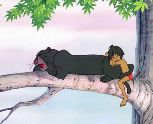 Mowgli y Bagehra durmiendo en un árbol