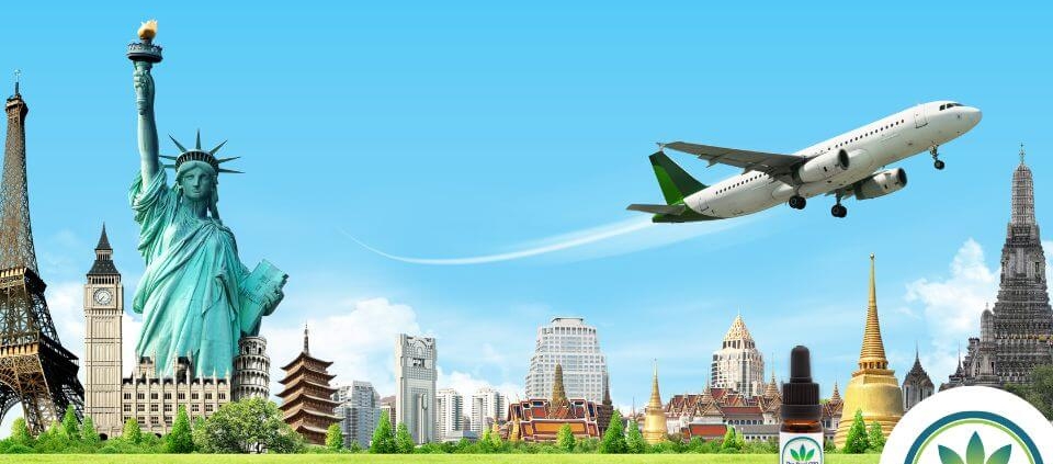 Grandes edificios del mundo y un avión sobrevolando