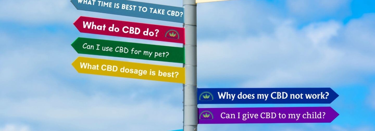 Señal de tráfico con preguntas CBD en todas las direcciones