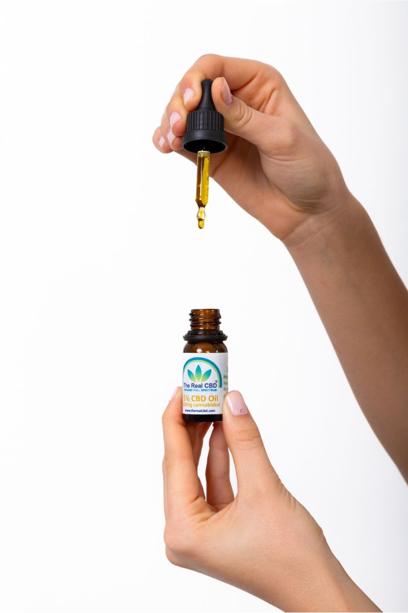 Manos con tintura de CBD abierta - The Real CBD Marca