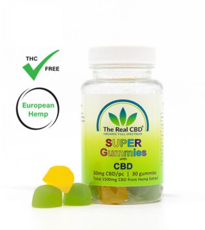 Una jarra con verde y amarillas gominolas con 50 mg de CBD