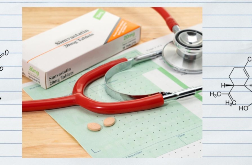 Tabla médica con la fórmula química del CBD y las estatinas