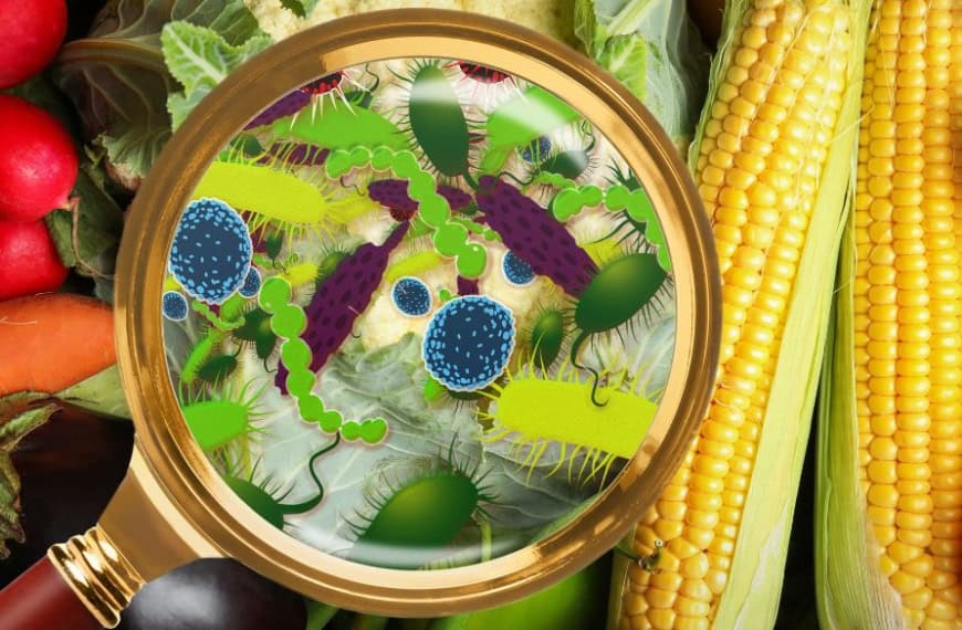 Alimentos con lupa que muestran bacterias