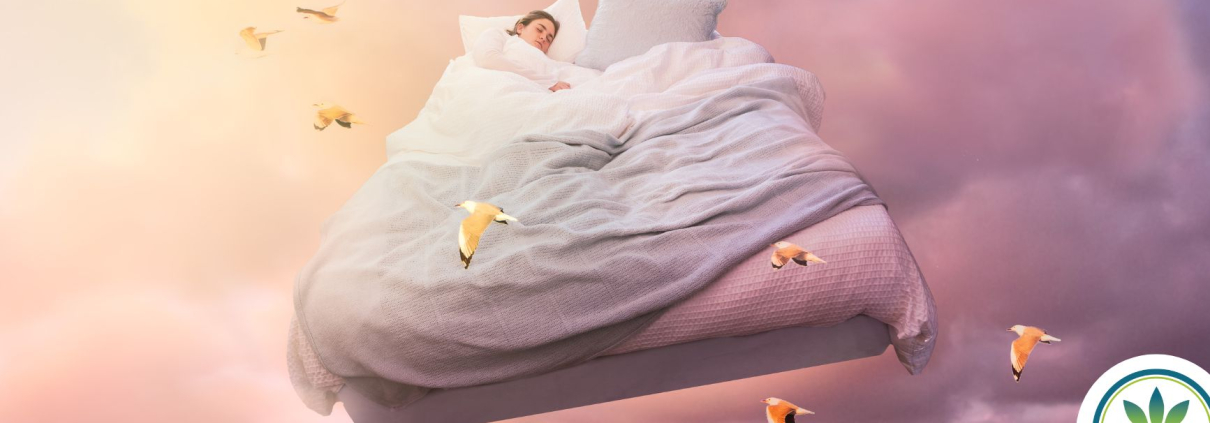 Mujer durmiendo en una cama grande que vuela por el cielo.