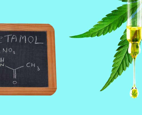 Pizarra, hoja de cáñamo y un gotero de CBD.