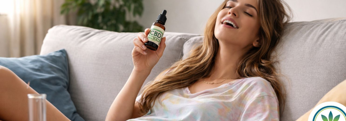 Mujer sentada en un sofá con una botella de aceite de CBD, con aspecto muy feliz y colocada.