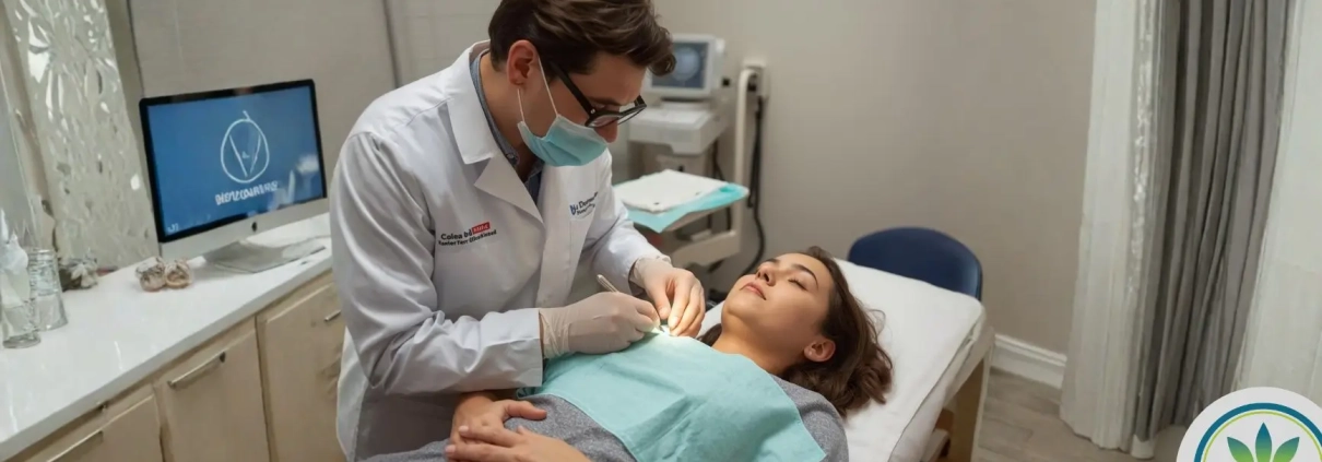 Médico realizando una pequeña intervención a una mujer en su consulta.