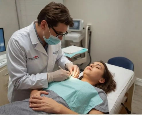 Médico realizando una pequeña intervención a una mujer en su consulta.