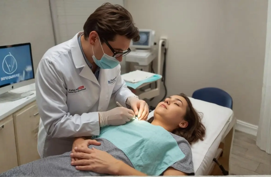 Médico realizando una pequeña intervención a una mujer en su consulta.