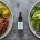 Hay dos platos con comida y una botella de aceite de CBD entre ellos.