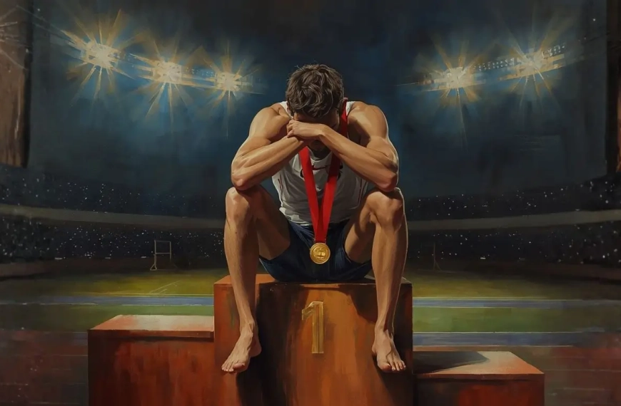 Un deportista sentado en el primer escalón del podio, con una medalla de oro colgada al cuello, con aspecto cansado y abatido