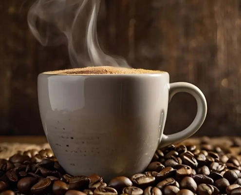 Una taza grande de café sobre un montón de granos de café