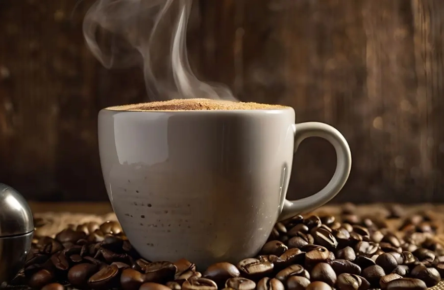 Una taza grande de café sobre un montón de granos de café