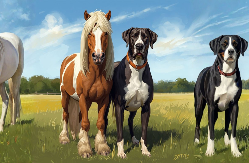 Dos caballos y dos grandes daneses juntos en un campo verde