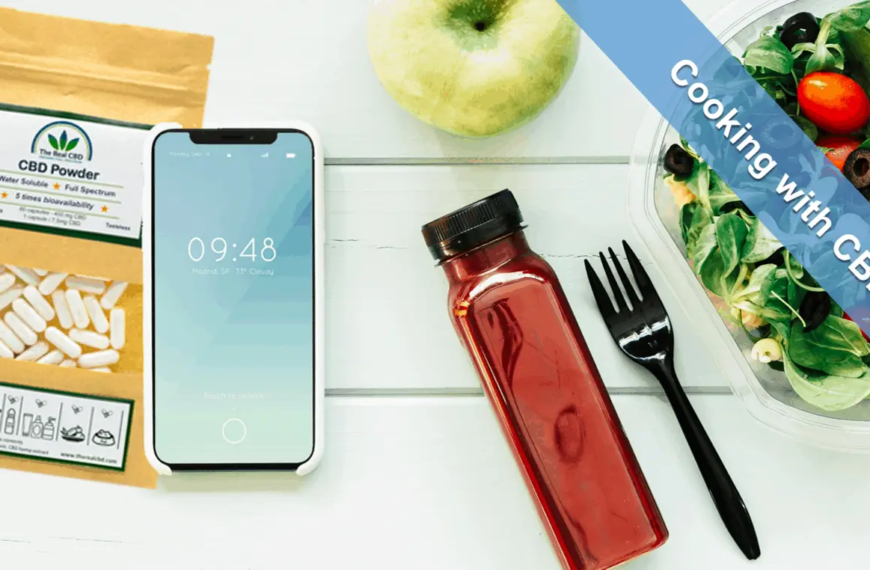 CBD capsules, smartphone and food on a table top
