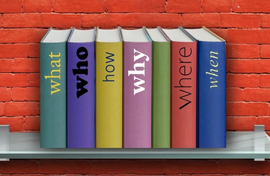 Rek op rode bakstenen muur met boeken met vragen als titel