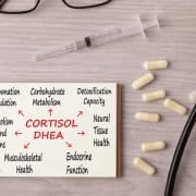 Het-echte-CBD-Blog-kan-cbd-verlagen-cortisol (1) Cortisol DHEA op een briefje op een tafel met capsules, een spuit en een stethoscoop