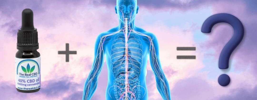 The Real CBD 40% Huile CBD + silhouette humaine sur fond de ciel violet