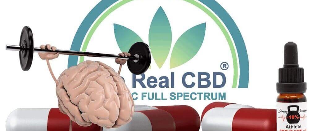 Een cartoonbrein dat gewichten heft voor het logo van The Real CBD, grote capsules op de achtergrond