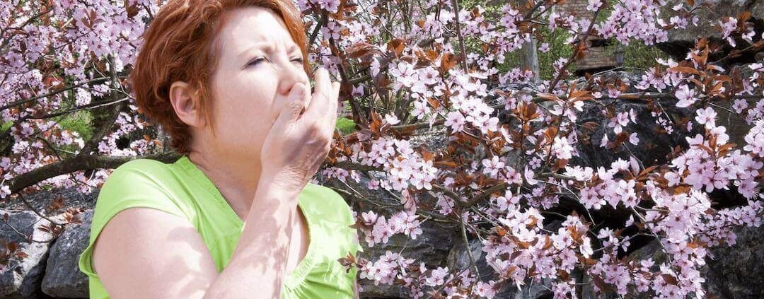 Woman sneezing in front of a tree with pink flowers