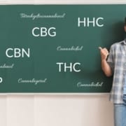 Le vrai blogue de la CDB - qu'est-ce que la SCH ? Enseignant devant un tableau noir sur lequel figurent des abréviations de cannabinoïdes