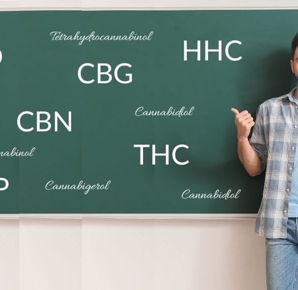 Leraar voor schoolbord met afkortingen van cannabinoïden erop