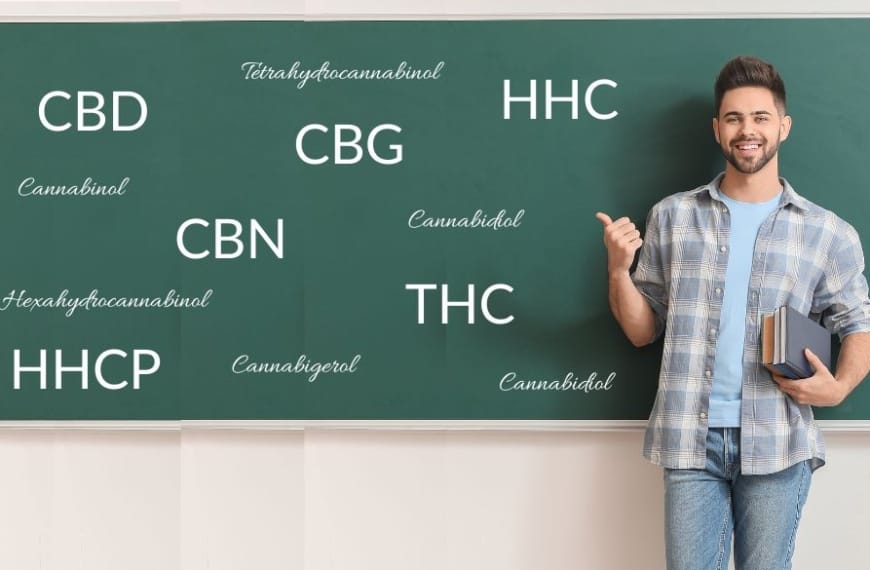 Teacher in front of blackboard with cannabinoid abbreviations on